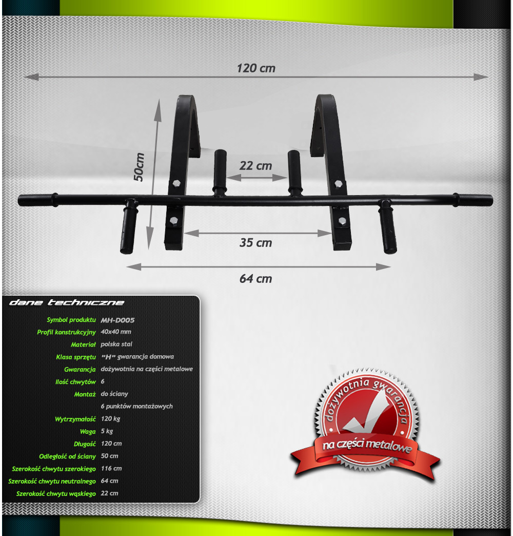 Drążek prosty do ściany 120cm (6 chwytów) MH-D005 Marbo Home