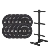 Zestaw obciążeń BUMPER BLACK 150 kg + stojak UNDERFIT