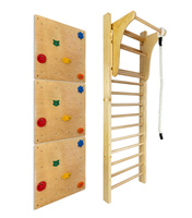 Drabinka gimnastyczna LEON 195x80 drewniana + drążek + ścianka wspinaczkowa